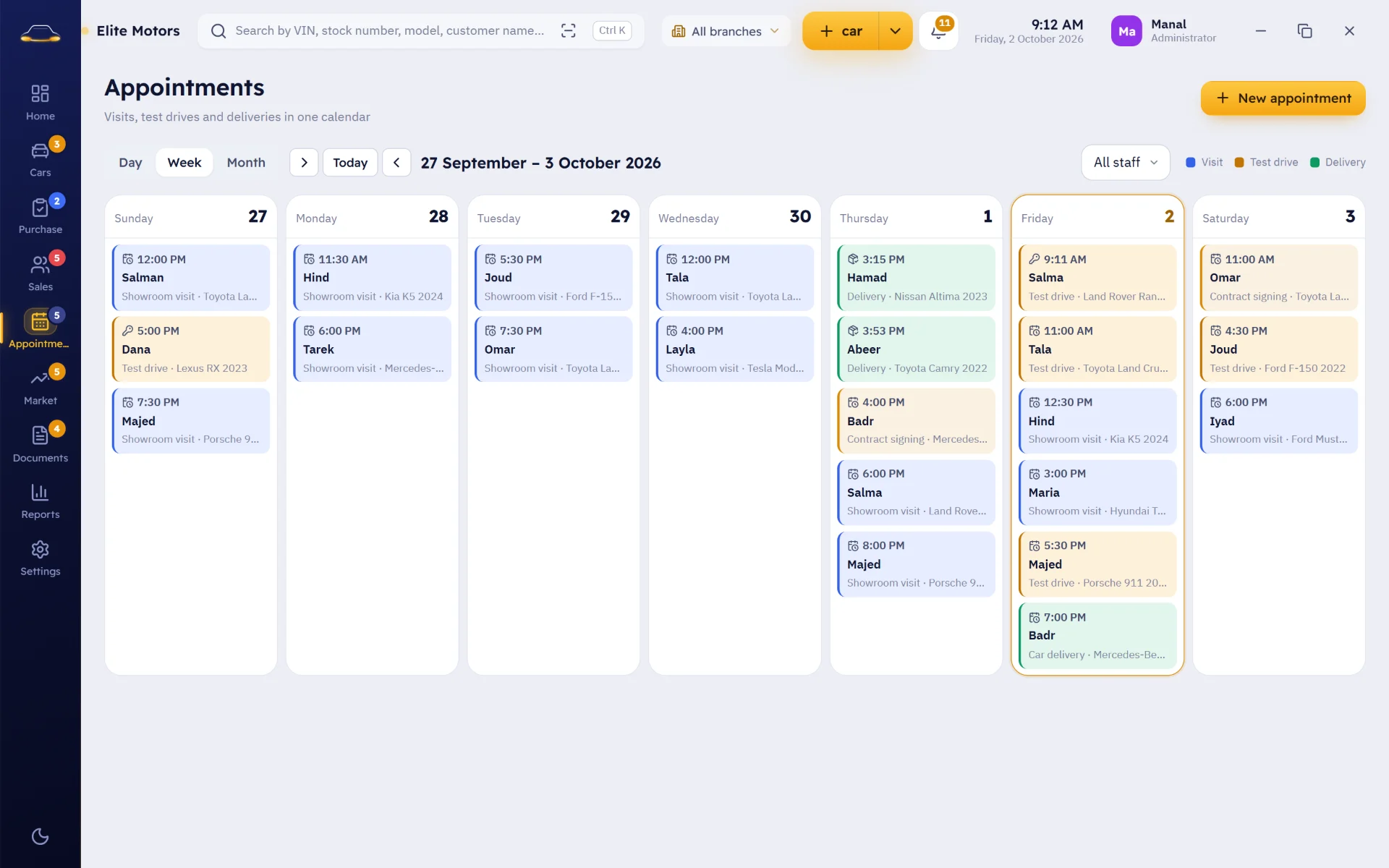 Visits, test drives and handovers in one colour-coded calendar