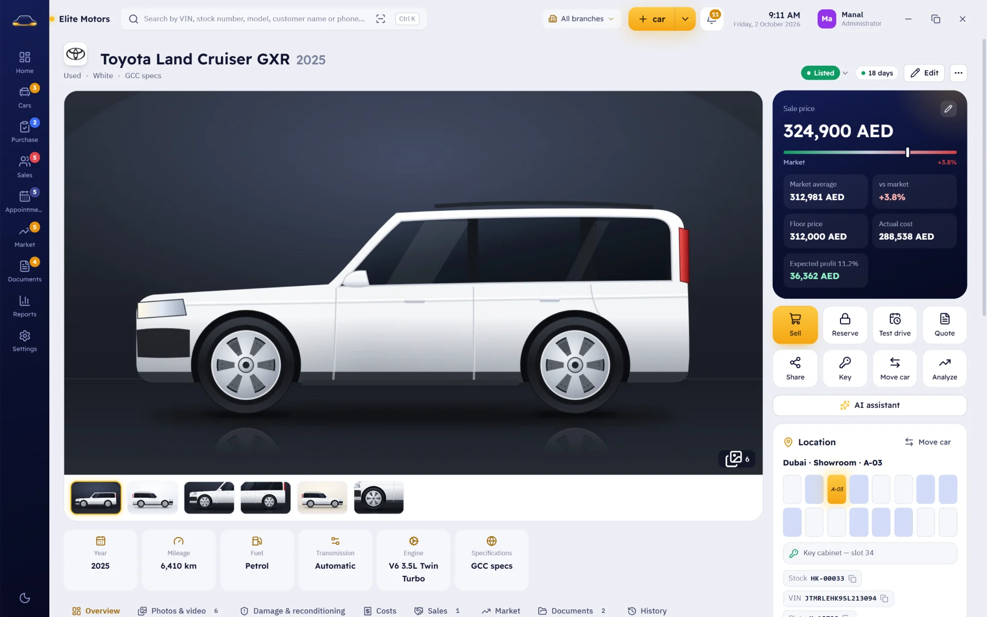 One car file: photos, true cost, expected profit and its exact spot on the lot