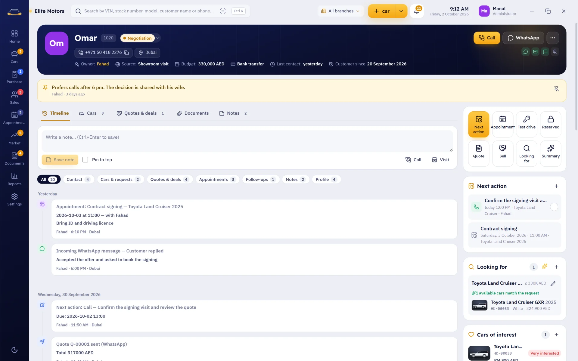 Customer file: every call, quote, test drive and visit on one timeline