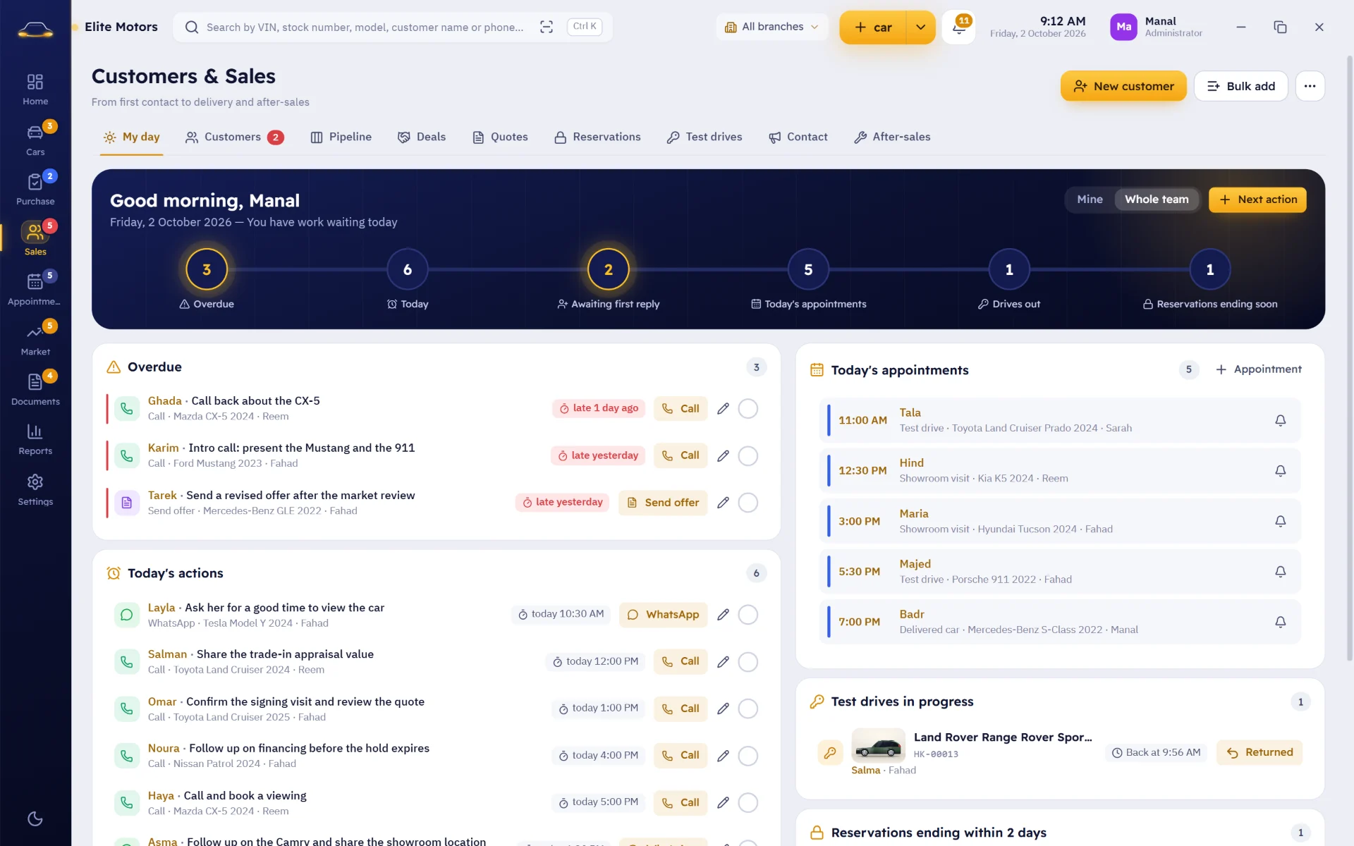 Smart follow-up: overdue tasks, today’s actions, visits and live test drives on one screen