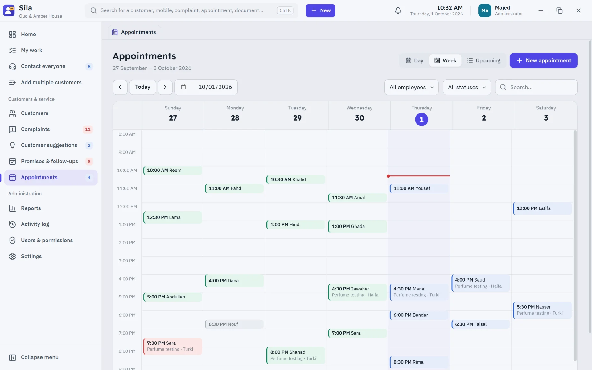 The week's appointments in a clear schedule, color-coded by status