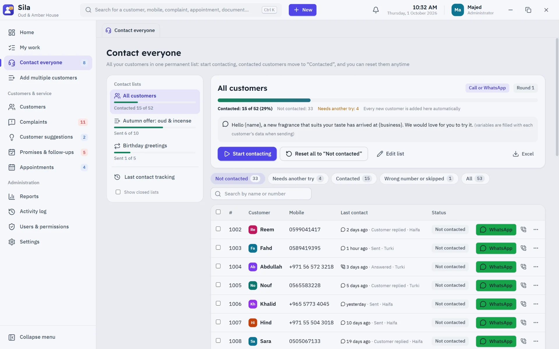 Contact everyone: a standing list with clear progress for every round