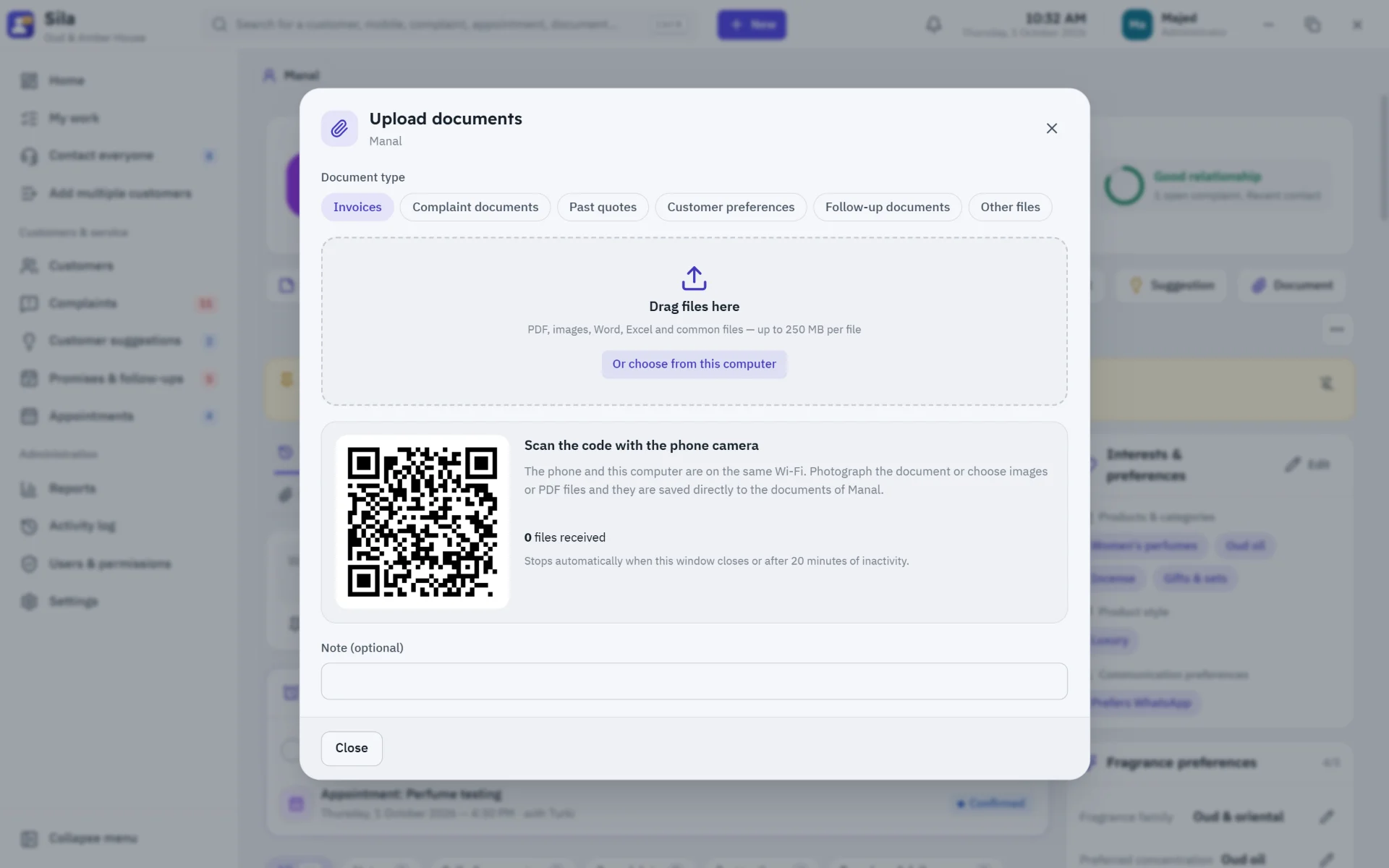 Upload customer documents from your phone by scanning a QR code