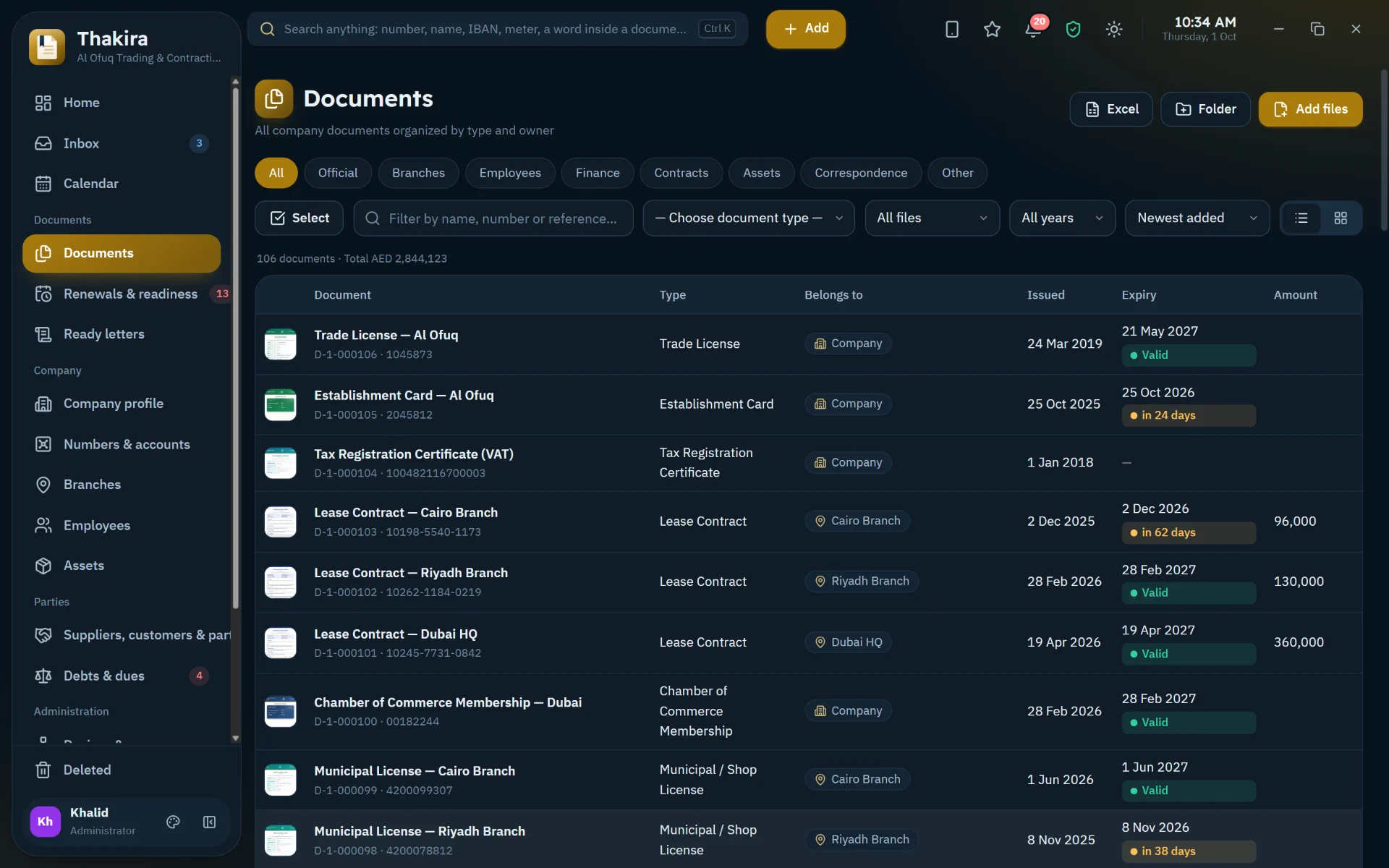 All company documents organized by type, owner and expiry date