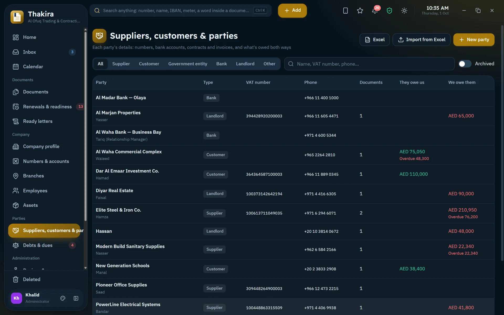 Suppliers, customers and other parties: their details, balances and documents
