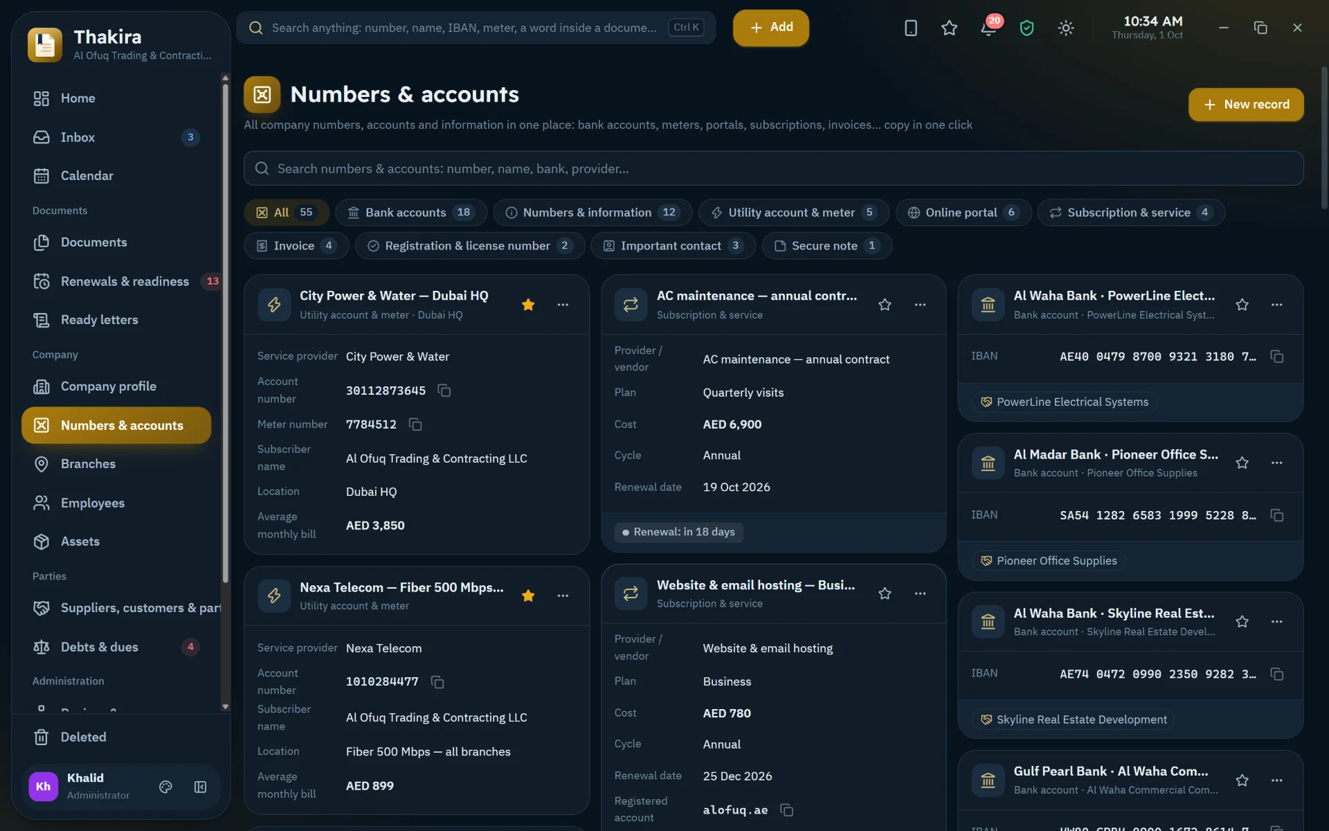 Numbers & accounts: IBANs, utility meters, portals and VAT number, copied in one click